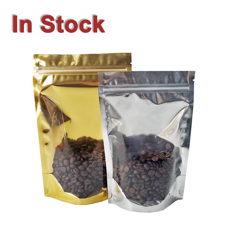 In Stock And Custom Clear Front Silver Gold Golden Back Resealable Ziplock Food Packaging Mylar Foil Stand Up Pouches Bags